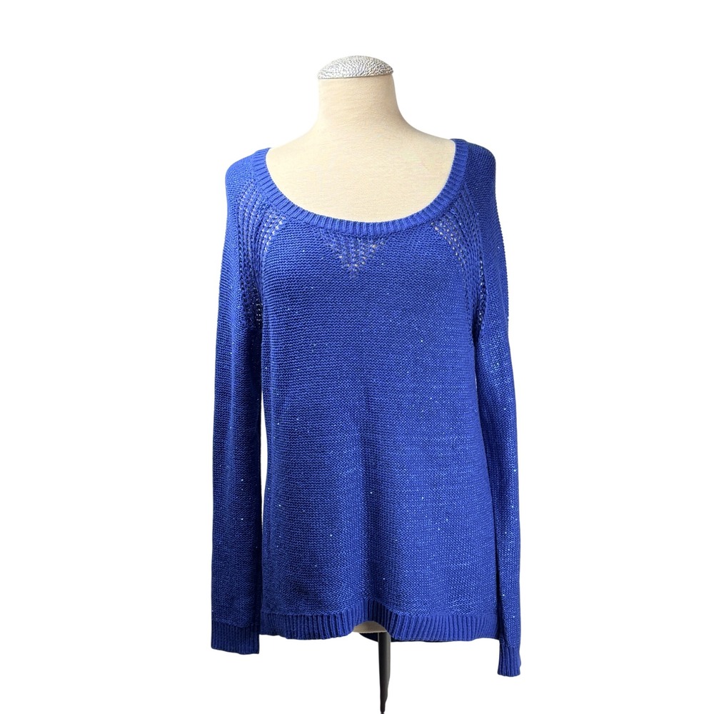 DKNY Jeans Blue Long Sleeve Knit Sweater Top Open Stitch Scoop‎ Neck Womens M
